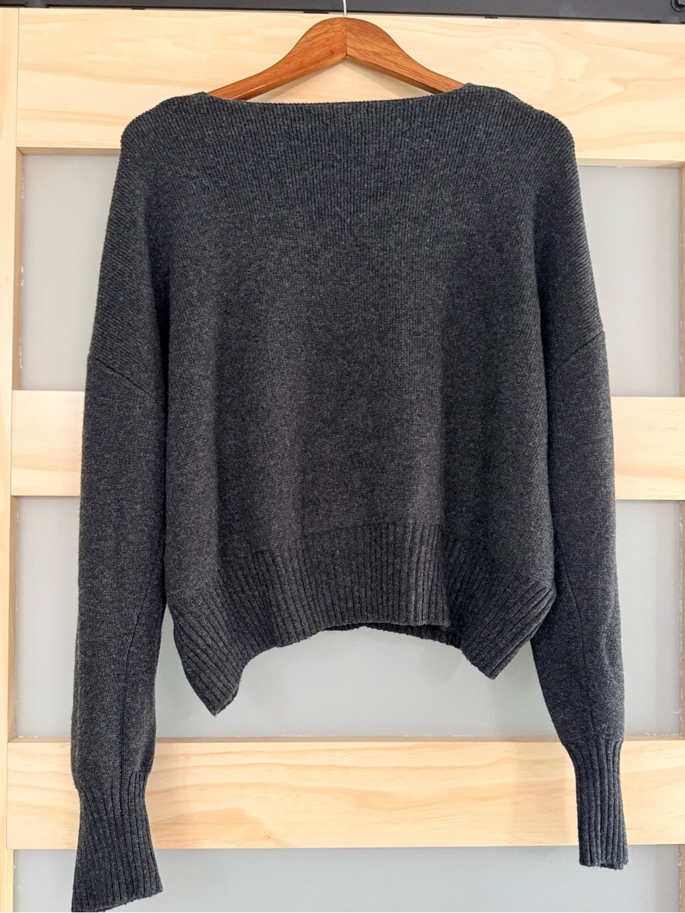 Reiss XL Charcoal Cashmere Wool Blend Cropped Cardigan Balloon Sleeve NWT - Picture 2 of 5